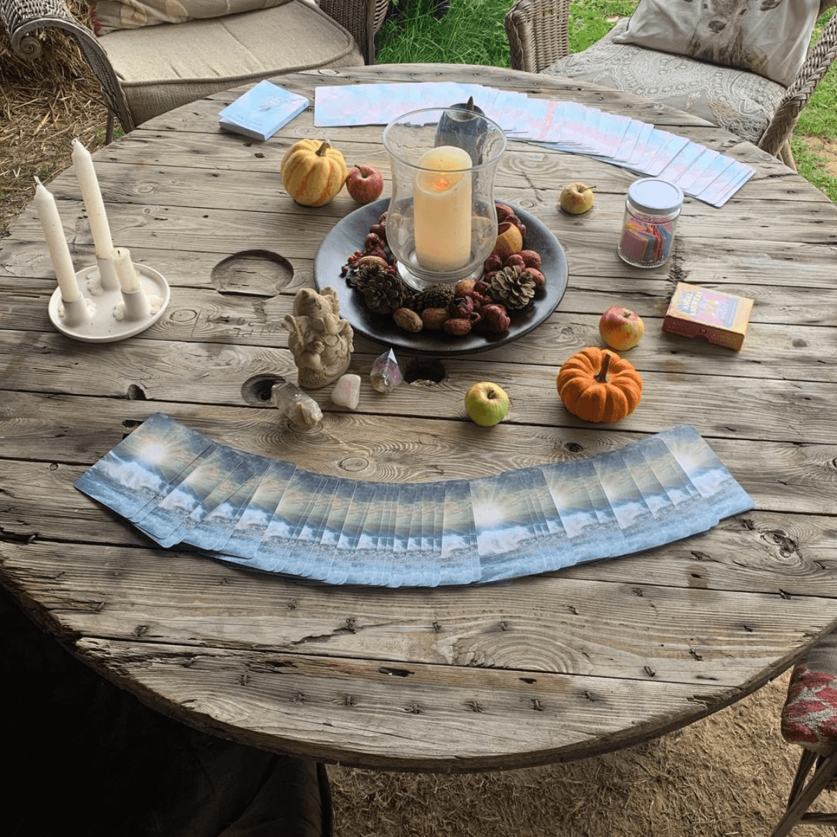 Mindfullness circle laid out with candles and oracle cards